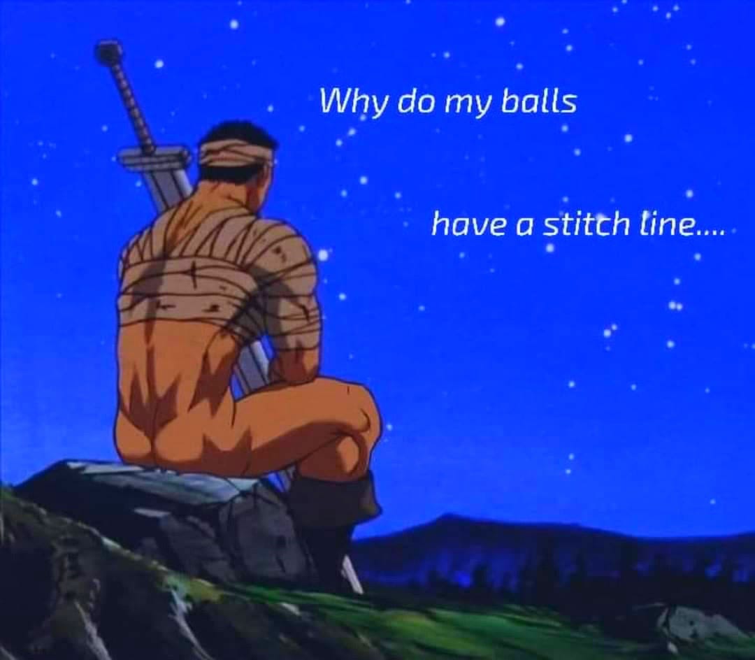 Anime screenshot of a bandaged swordsman sitting on a cliff under a starry sky, captioned: Why do my balls have a stitch line....
