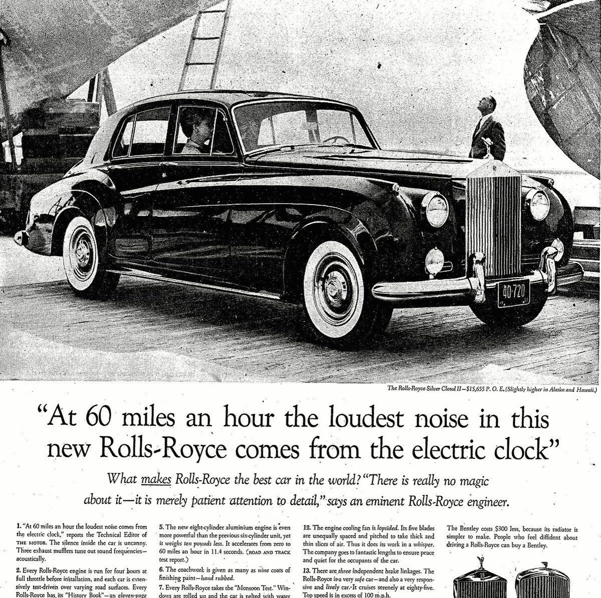 The original David Ogilvy Rolls-Royce print ad, headlined: At 60 miles an hour the loudest noise in this new Rolls-Royce comes from the electric clock